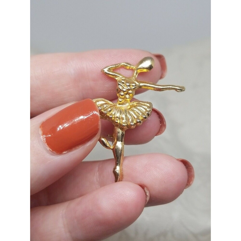Ballerina Pin Vintage Gold Tone Brooch C Catch Ballet Dancer Toe Bended Knee - Picture 9 of 11
